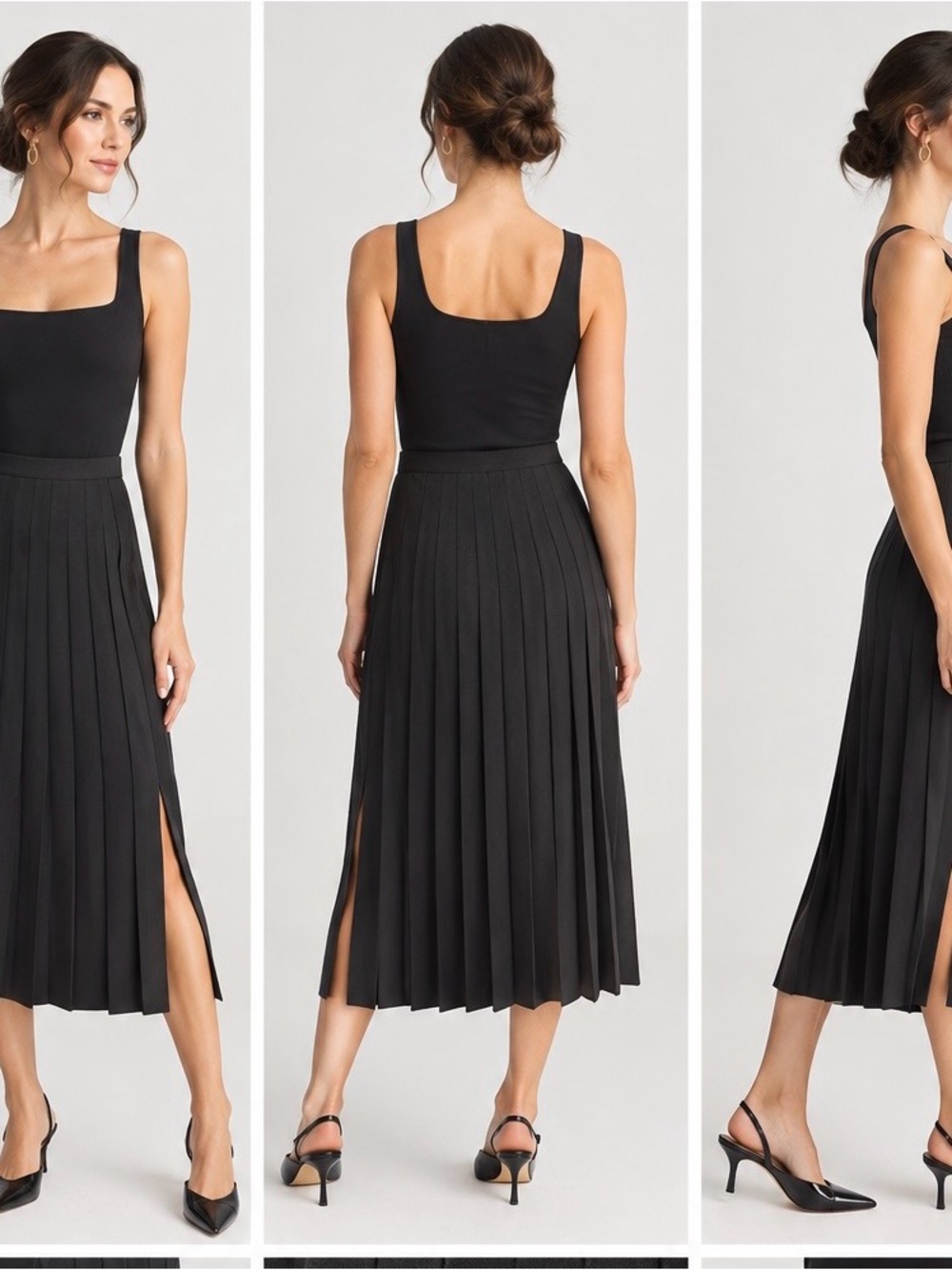 Rare Vintage Escada Black Knife-Pleated Midi Skirt with Double Side Slits